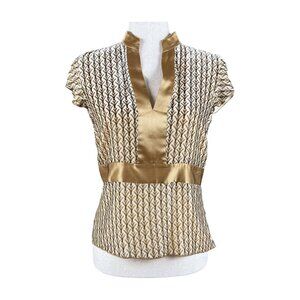 KENNETH COLE GOLD VELVET PATTERN TOP WITH DECORATIVE SILK TRIM, SIZE 6